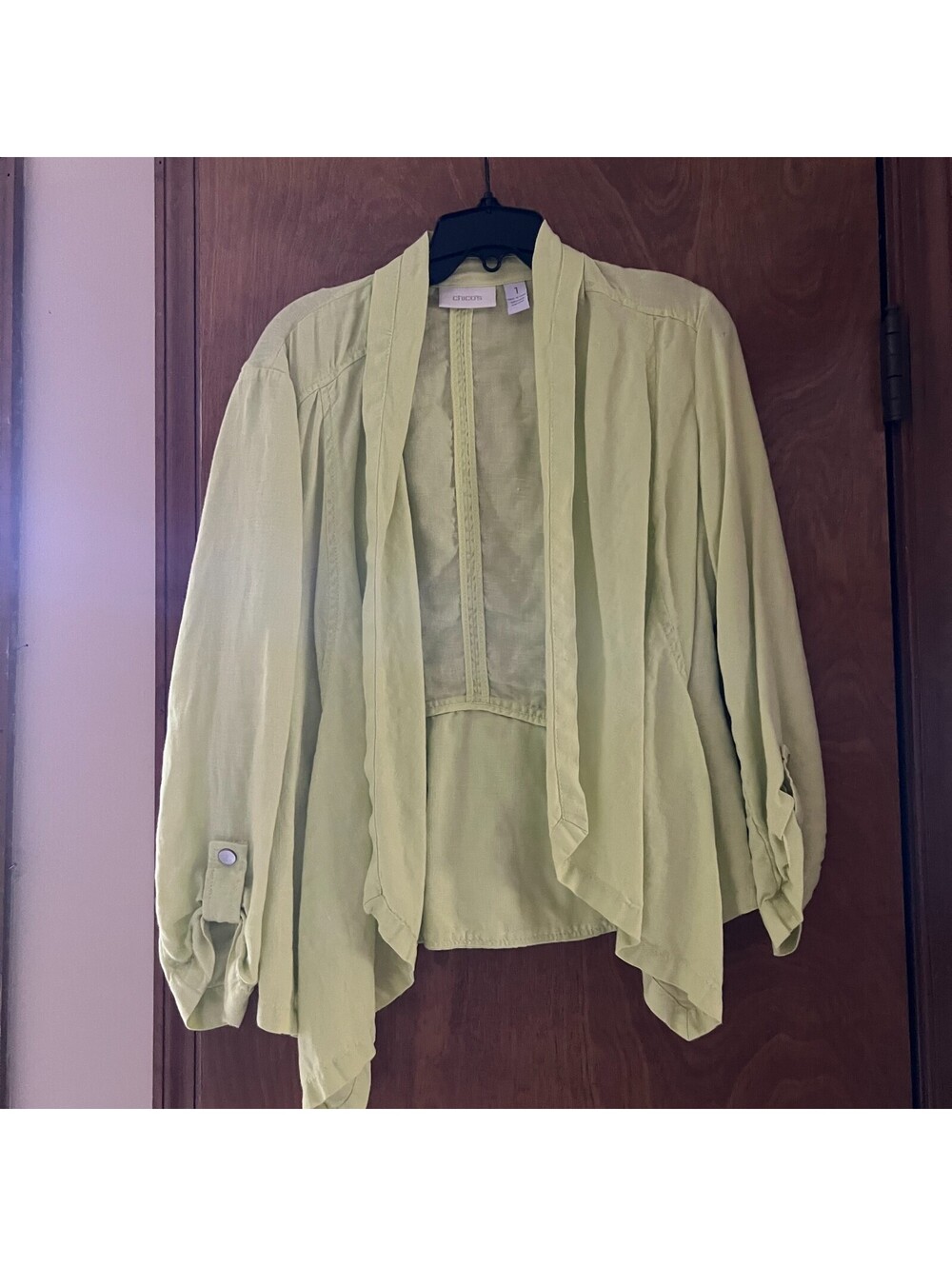 Chico's 100% Linen Jacket Size 1 Lime Green Shawl Collar Drape Open Front M/8